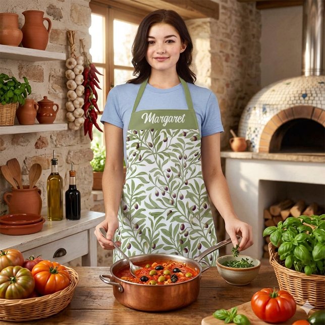 Sage Green Olive Branch Monogram Botanical Apron (Sage Green Olive Branch Watercolor Botanical Apron)