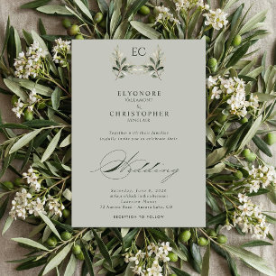 Sage Green Olive Branch Monogram Photo Wedding Invitation