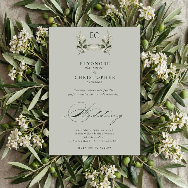 Sage Green Olive Branch Monogram Photo Wedding Invitation (Creator Uploaded)