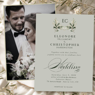 Sage Green Olive Branch Monogram Photo Wedding Invitation