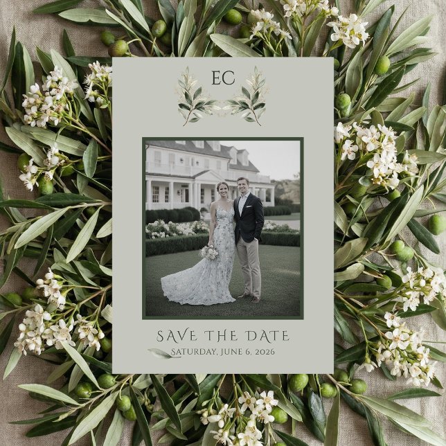 Sage Green Olive Branch Monogram Photo Wedding Save The Date (Creator Uploaded)