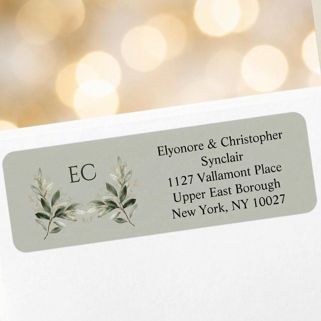 Sage Green Olive Branch Monogram Return Address (Creator Uploaded)