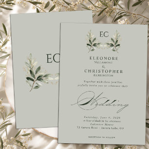 Sage Green Olive Branch Monogram Wedding Invitation