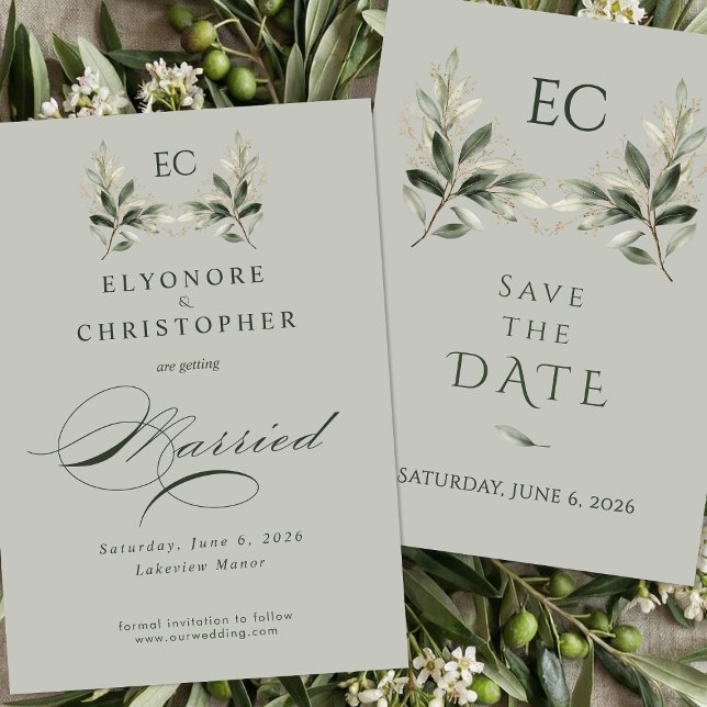 Sage Green Olive Branch Monogram Wedding Save The Date (Creator Uploaded)