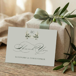 Sage Green Olive Branch Monogram Wedding Thank You Card