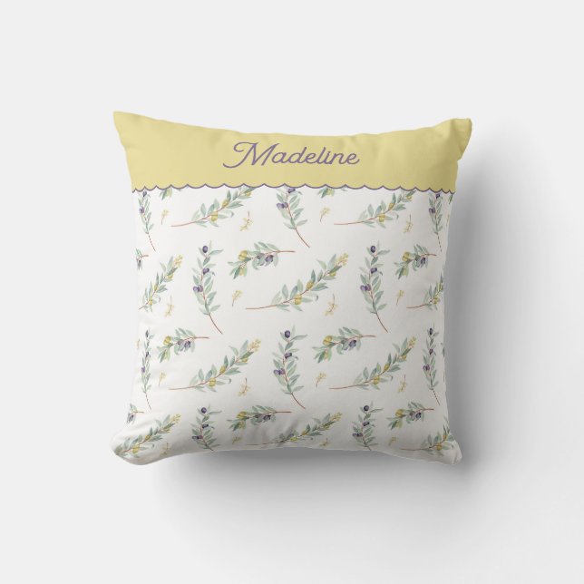 Sage Green Olive Branch Pattern Monogram Name Cushion (Front)