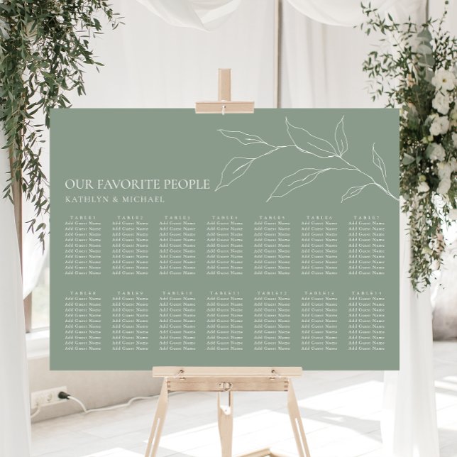 Sage Green Olive Leaf Wedding 14 Table Seating Poster (Creator Uploaded)