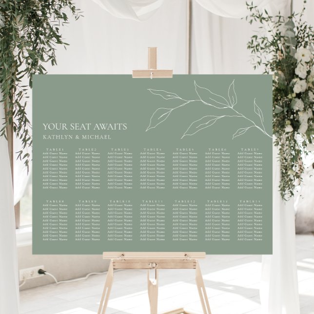 Sage Green Olive Leaf Wedding 14 Table Seating Poster (Creator Uploaded)