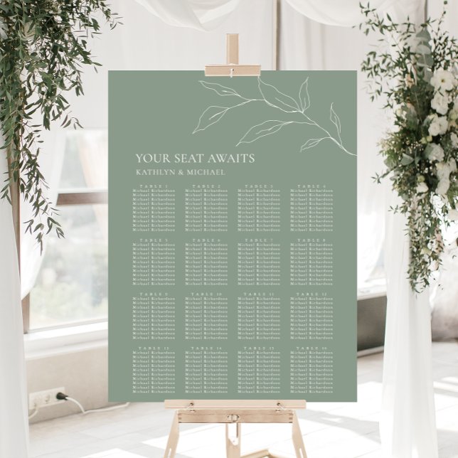 Sage Green Olive Leaf Wedding 16 Table Seating Poster (Creator Uploaded)