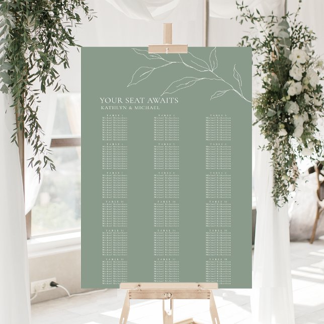 Sage Green Olive Leaf Wedding 18 Table Seating Poster (Creator Uploaded)