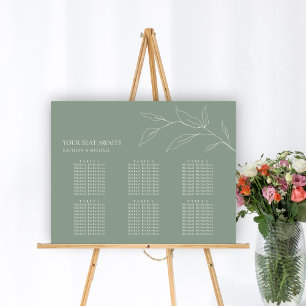 Sage Green Olive Leaf Wedding 6 Table Seating Poster
