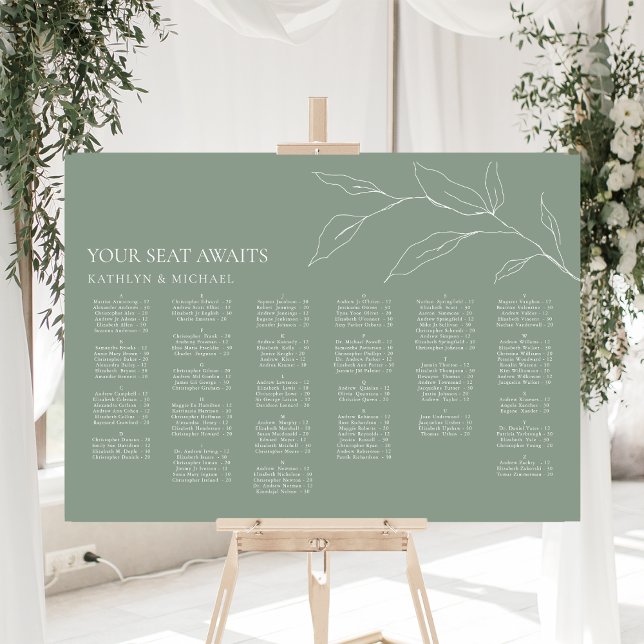 Sage Green Olive Leaf Wedding Alphabetical Seating Poster (Creator Uploaded)