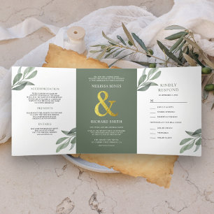 Sage Green Olive Leaves Branch All in One Wedding Tri-Fold Invitation