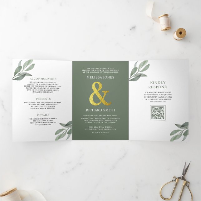 Sage Green Olive Leaves Branch QR Code Wedding Tri-Fold Invitation (Inside)