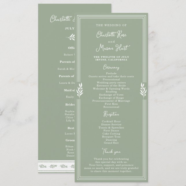Sage Green Olive Old Money Garden Wedding Program Invitation (Front/Back)