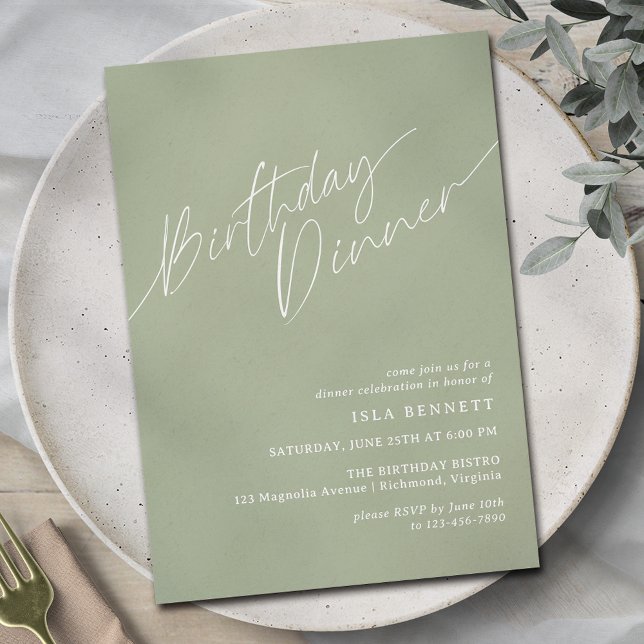Sage Green Olive | Simple Elegant Birthday Dinner Invitation (Creator Uploaded)