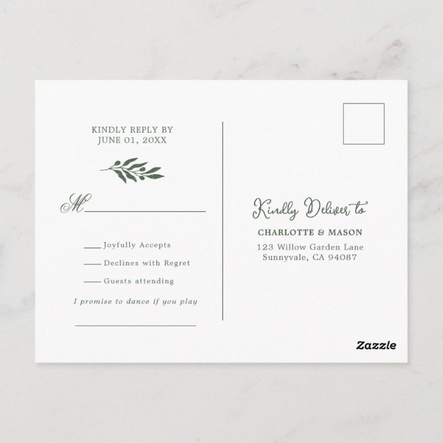 Sage Green Olive Wedding Song Request RSVP Postcard (Back)