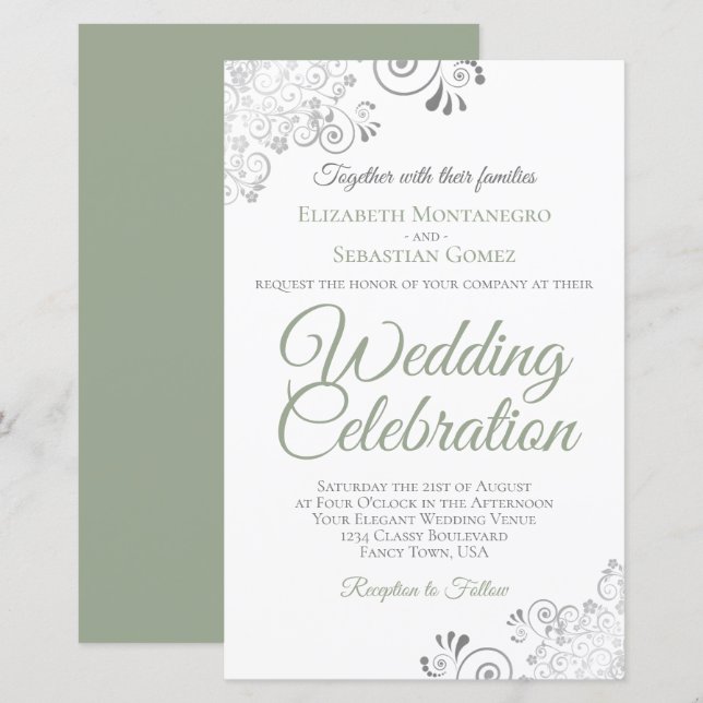 Sage Green on White BUDGET Wedding Invite Large (Front/Back)