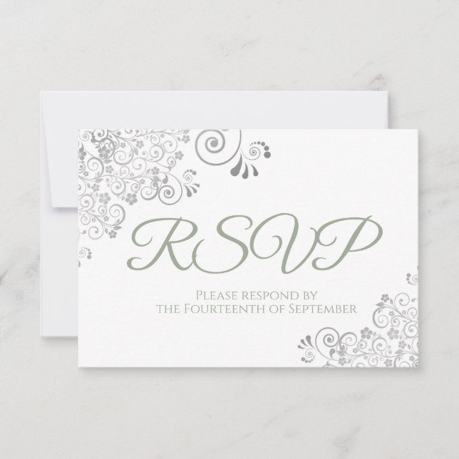 Sage Green on White Elegant Silver Lace Wedding RSVP Card (Front)