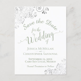 Sage Green on White Lacy Wedding Save the Date Announcement Postcard