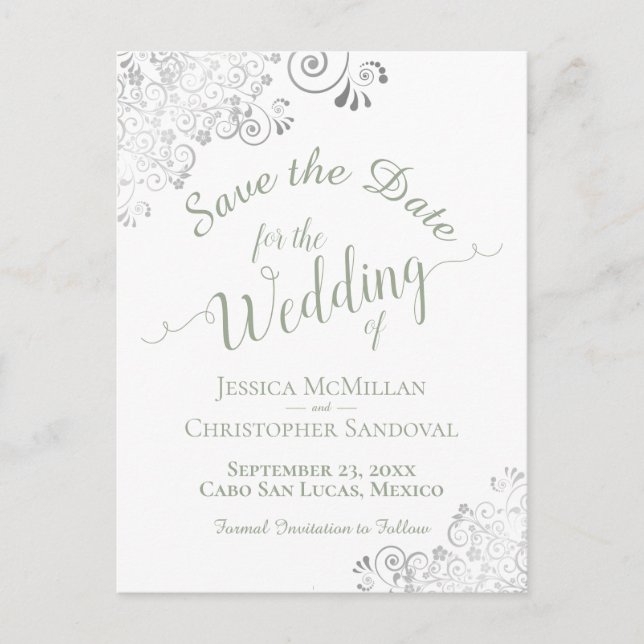 Sage Green on White Lacy Wedding Save the Date Announcement Postcard (Front)