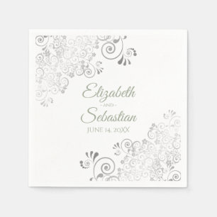 Sage Green on White Silver Frills Elegant Wedding Napkin