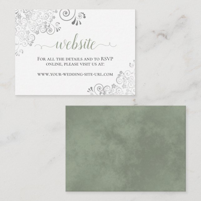 Sage Green on White w/ Silver Lace Wedding Website Enclosure Card (Front/Back)