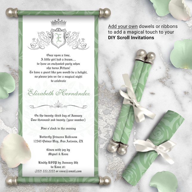 Sage Green Once Upon a Time DIY Scroll Invitations (DIY scrolls do NOT come with dowels. Add your own or roll up with a ribbon for a personalized touch!)