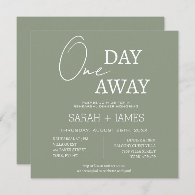 Sage Green One Day Away Rehearsal Dinner Square  Invitation (Front/Back)