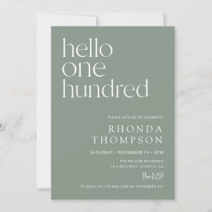 Sage Green One Hundred Modern 100th Birthday Invitation