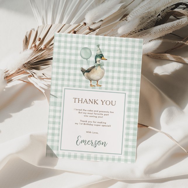 Sage Green One Lucky Duck 1st Birthday Thank You Card (Creator Uploaded)