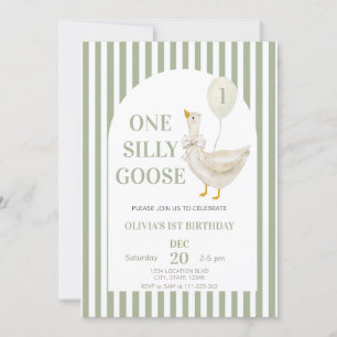 Sage green One Silly Goose Gender Neutral Birthday Invitation