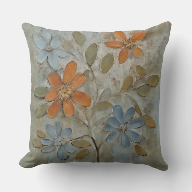 Sage Green Orange Blue Floral Cushion (Front)
