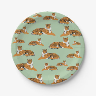 Sage Green Orange Jungle Tiger Animal Pattern Paper Plate
