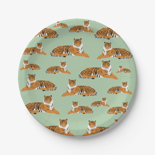 Sage Green Orange Jungle Tiger Animal Pattern  Paper Plate (Front)