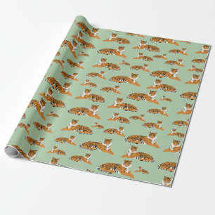 Sage Green Orange Jungle Tiger Animal Pattern Wrapping Paper