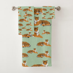 Sage Green Orange Jungle Tiger Animal Stylish Bath Towel Set
