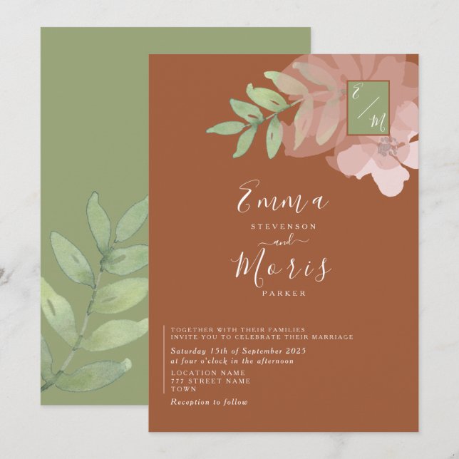 Sage Green Orange Monogram Wedding Invitation (Front/Back)