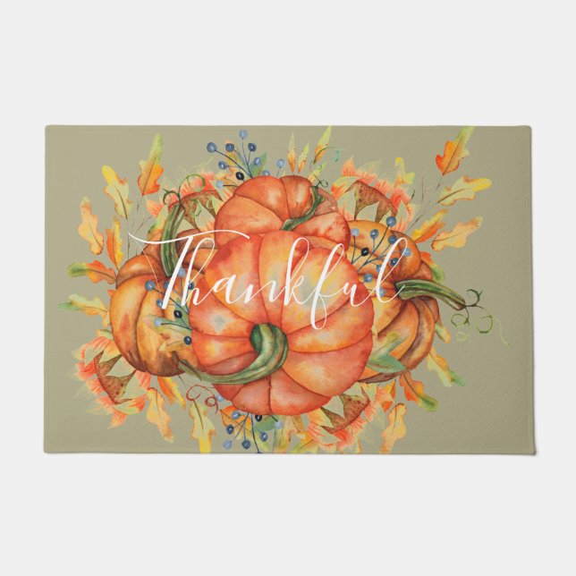 Sage Green & Orange Pumpkin Bounty Thanksgiving  Doormat (Front)