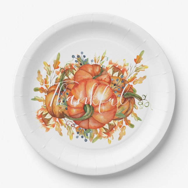 Sage Green & Orange Pumpkin Bounty Thanksgiving  Paper Plate (Front)