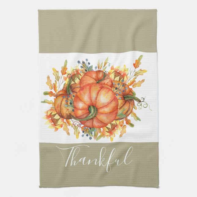 Sage Green & Orange Pumpkin Bounty Thanksgiving   Tea Towel (Vertical)