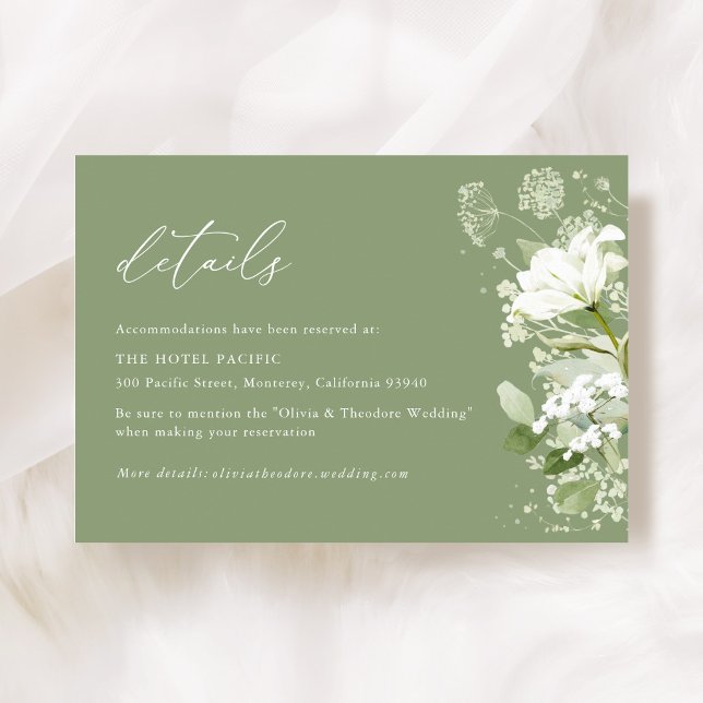 Sage Green Organic Greenery Wedding Details Hotel Enclosure Card (Sage green organic greenery wedding details accommodation enclosure card with watercolor florals)