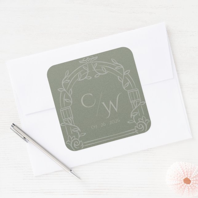 Sage Green Ornate Arch Botanical Wedding Envelope  Square Sticker (Envelope)