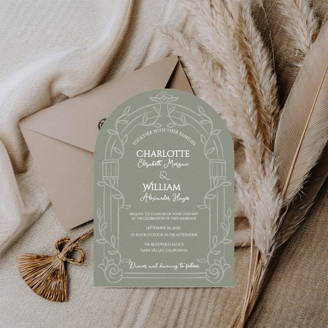 Sage Green Ornate Arch Botanical Wedding Invitation (Sage Green Ornate Arch Botanical Wedding Invitation | Elegant Garden Estate Wedding Invite)