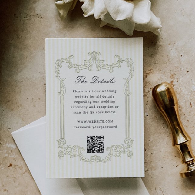 Sage Green Ornate Frame Wedding Details QR Code Enclosure Card (Creator Uploaded)