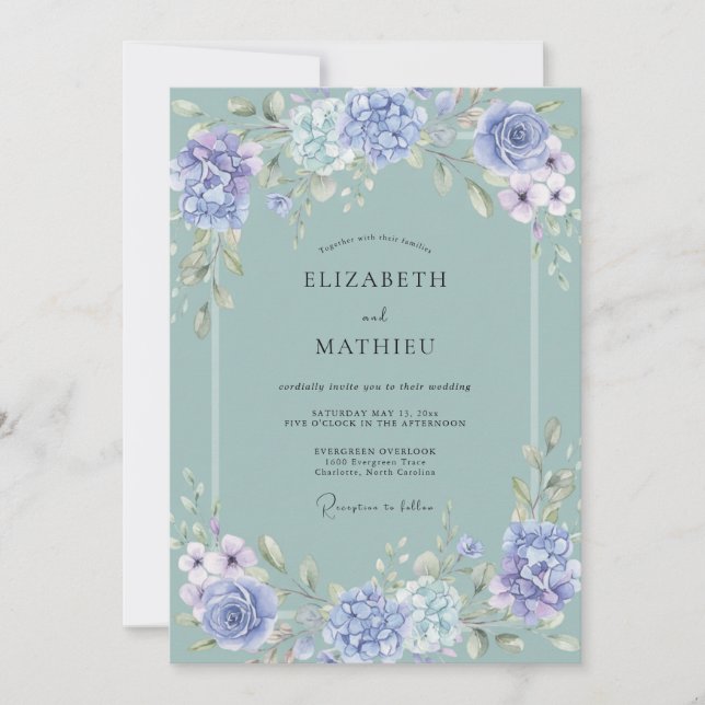 Sage Green Ornate Hydrangea Wedding Invitation (Front)