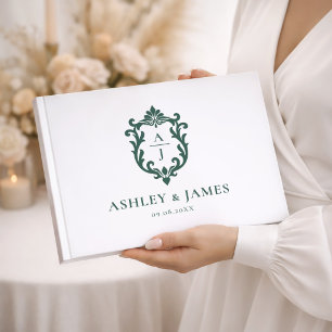 Sage Green Ornate Monogram Crest Wedding Guest Book