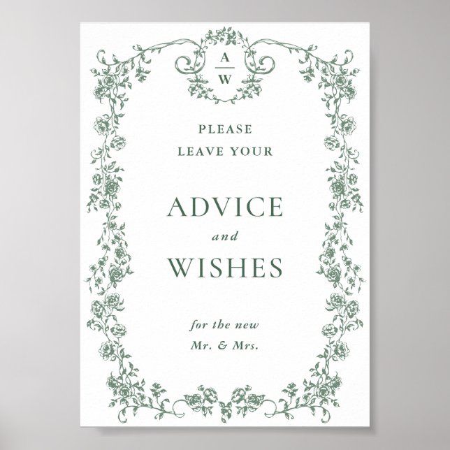 Sage Green Ornate Victorian Floral Advice & Wishes Poster (Front)
