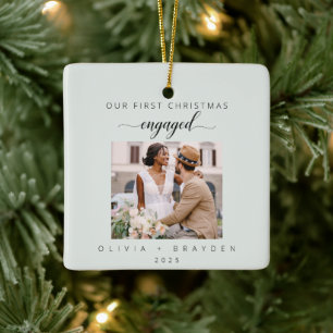 Sage Green Our First Christmas As Engaged Photo Ceramic Ornament