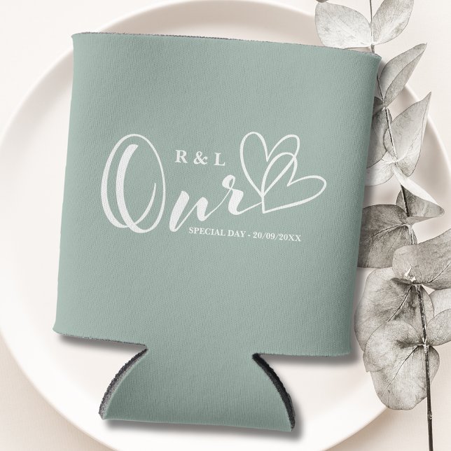 Sage Green Our Hearts Wedding / Anniversary Can Cooler (Creator Uploaded)
